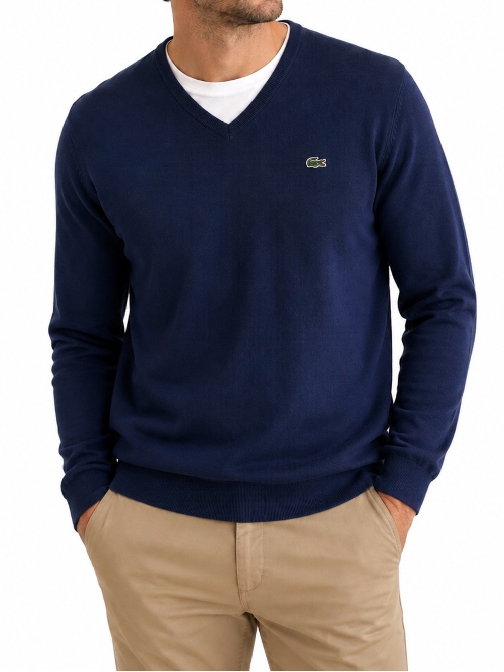 Lacoste Mens XL Navy Blue V-Neck 100% Cotton Sweater Crocodile Logo Preppy